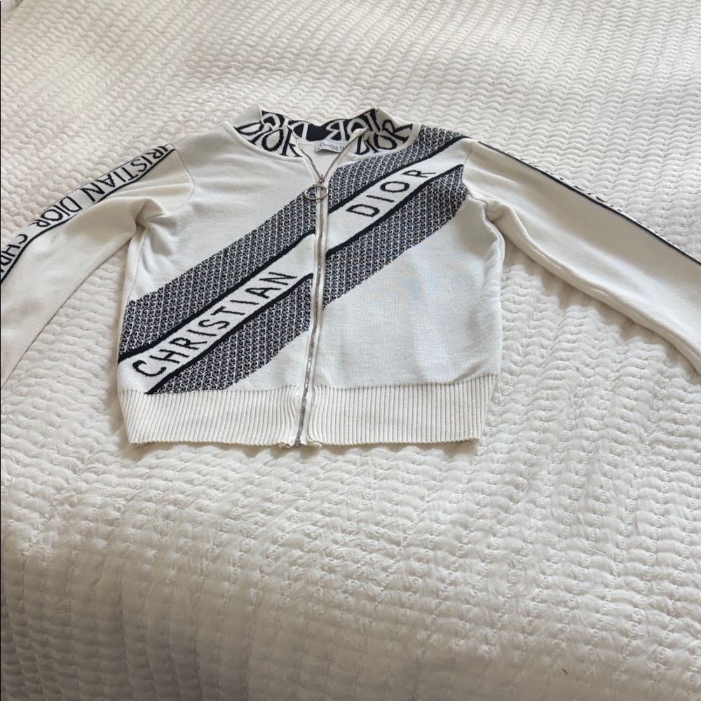 Dior White Knit Zip Cardigan with Black Logo Trim